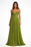 Arabesca | Women’s Halter Corset Pleated Maxi Dress In Olive Green