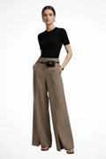 Pantalon large structuré en polyester pour femmes | Design élégant taille haute