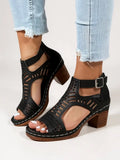 Women's Breathable Leather Block Heel Sandals | Elegant Cutout Design for Summer