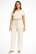 Women's Cotton Blend Co Ord Set | Relaxed Cropped Top and Wide Leg Trousers