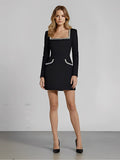 Women's Cotton Bodycon Mini Dress | Elegant Square Neck Long Sleeve Black Dress