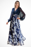 Women's Floral Print Maxi Dress | V-Neck Balloon Sleeve Evening Gown