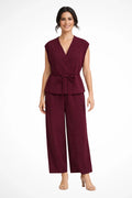 Ensemble de vêtements d'intérieur en mélange de lin pour femmes | Haut cache-cœur structuré et pantalon à jambes larges