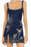 Mini abito da donna con paillettes radianti | Abito aderente con scollo quadrato e spacco laterale