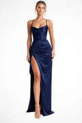 Women's Satin Maxi Dress | Ruched High Slit Evening Gown
