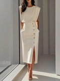 Robe midi douce pour femme | Col rond classique | Robe d'été élégante avec fente boutonnée