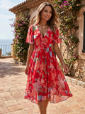 Women's Lightweight Floral Wrap Midi Dress | Elegant Flutter Sleeve Design