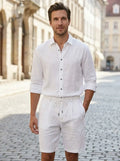 Men's Breathable Linen Two-Piece Set | Relaxed Long Sleeve Shirt & Drawstring Shorts for Summer