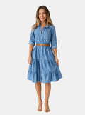 Vestito midi in denim alla moda da donna | Outfit estivo a balze chic