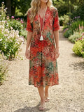 Women's All-Over Printed V-Neck Midi Dress | Relaxed Fit Short Sleeve Dress