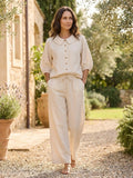 Ensemble coordonné en lin respirant pour femmes | Blouse vintage élégante et pantalon large décontracté