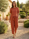 Ensemble vêtements d'intérieur en lin respirant pour femmes | Haut court à coupe décontractée et pantalon fuselé