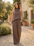 Women's Cotton Blend Co-Ord Set | Elegant Halter Neck Top and Wide Leg Trousers