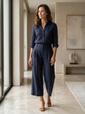 Women's Cotton Blend Loungewear Set | Relaxed Button-Down Shirt & High-Waist Trousers