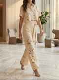 Women's Floral Lace Co Ord Set | Elegant Cropped Top and Wide-Leg Trousers for Spring/Summer