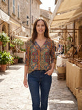 Blouse fluide en viscose pour femmes | Haut d'été bohème à col en V avec manches 3/4