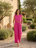 Women's Linen Blend Sleeveless Crop Top Set | Tailored Wide Leg Trousers | Elegant Summer Outfit
