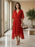 Abito midi morbido drappeggiato da donna | Elegante abito da cocktail a portafoglio con scollo a V