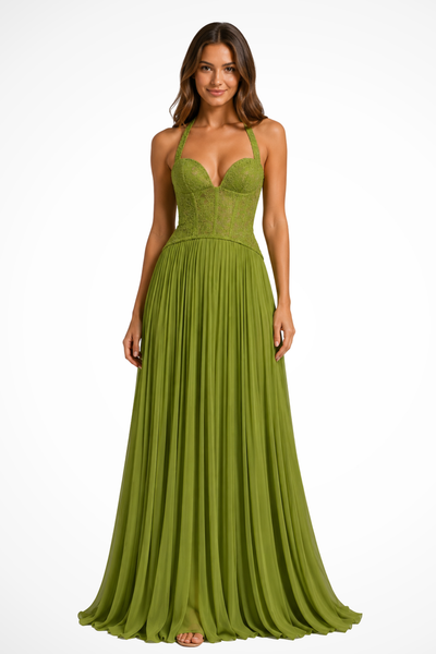 Arabesca | Women’s Halter Corset Pleated Maxi Dress In Olive Green 0