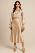 Women's Cotton Blend Midi Dress | Elegant High Neck Summer Dress