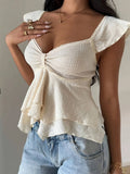 Women's Cotton Blend Smocked Tank Top | Flutter Sleeve Sweetheart Going Out Blouse