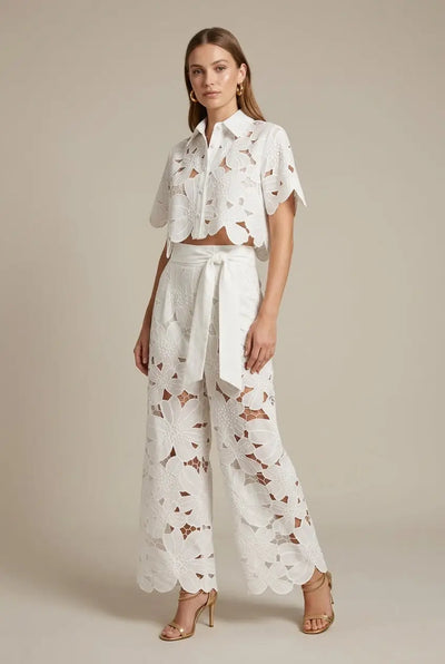 Women's Floral Lace Two-Piece Set | Elegant Cape Overlay Top and Wide-Leg Trousers 0