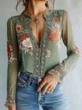 Women's Lightweight Chiffon Blouse | Bohemian Floral Summer Top | Elegant V-Neck Long Sleeve