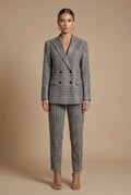 Women's Plaid Fabric Suit Set | Structured Double-Breasted Blazer and Straight Leg Pants