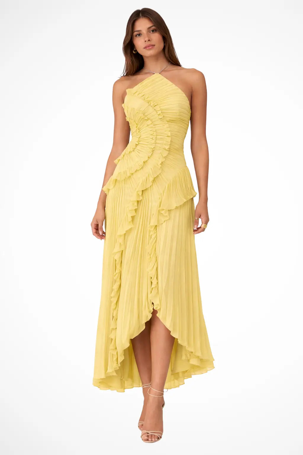 pleated fabric dress design Women's Maxi | Layered Ruffle Halter Style employee allowance in a light color Royal Regal Blue & Fabric:Lace / Satin