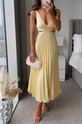 Women's Pleated Polyester Midi Dress | Elegant Flowing V-Neck Summer Dress