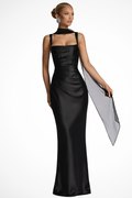Women's Satin Maxi Dress | Structured Square Neck Ruched Design