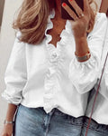 Women's Soft Polyester Blouse | Romantic Ruffled Neckline Long Sleeve Summer Top