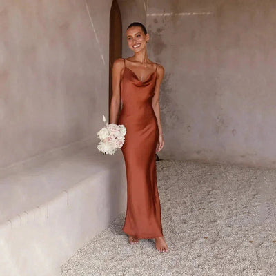 Women's long satin dress with cowl neck and sleeveless 0