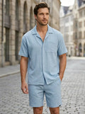 Men's Crinkle Fabric Two-Piece Set | Relaxed Camp Collar Shirt and Elasticated Waist Shorts