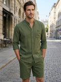 Men's Lightweight Cotton Summer Set | Relaxed Fit Long Sleeve Shirt and Shorts