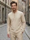 Men's Linen Blend Two-Piece Set | Relaxed Fit Long Sleeve Top and Drawstring Trousers