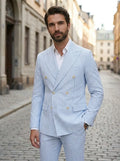 Men's Woven Cotton Blend Wedding Suit | Striped Double-Breasted Tailored Ensemble