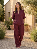 Women's Breathable Linen Co-Ord Set | Relaxed V-Neck Top & Wide-Leg Trousers