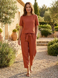 Women's Breathable Linen Loungewear Set | Relaxed Fit Crop Top and Tapered Trousers