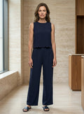 Women's Crinkle Fabric Co-Ord Set | Relaxed Sleeveless Top and Wide-Leg Trousers