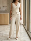 Women's Elegant Cream Wide Leg Trouser Suit | Tailored V-Neck Waistcoat Outfit for Special Occasions