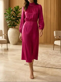 Women's Elegant High Neck Midi Dress | Sophisticated Long Sleeve Cocktail Gown