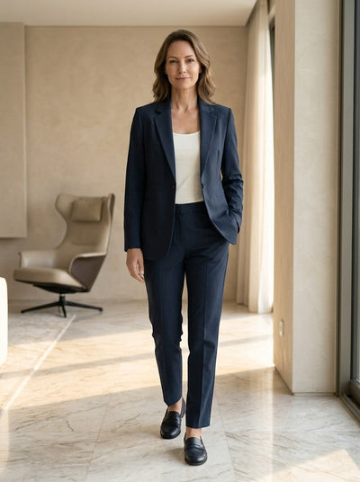 Women's Elegant Navy Blue Suit | Tailored Blazer and Straight-Leg Trousers Set LondonLaneStore