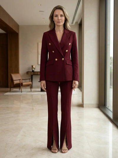 Women's elegant white suit featuring a tailored double-breasted blazer and flared trousers, perfect for sophisticated office wear.