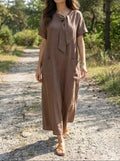 Women's Flowy Fabric Summer Dress | Elegant Chic Neck Tie Design with Pockets