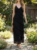 Women's Light Fabric Maxi Dress | Elegant Halter Neck Tiered Ruffles for Summer Events