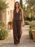 Women's Linen Co-Ord Set | Tailored V-Neck Waistcoat and Wide-Leg Trousers | Stylish Summer Outfit