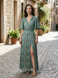 Women's Rayon Maxi Dress | Elegant V-Neck Split Hem Summer Dress