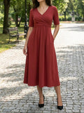 Women's Smooth Midi Dress | Flattering Wrap-Style with Pockets