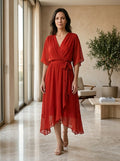 Women's Soft Draped Midi Dress | Elegant V-Neck Wrap Cocktail Dress